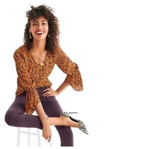 Cabi Burnished Golden Floral Bell Sleeve Blouse Womens SMALL Boho Fairy Career